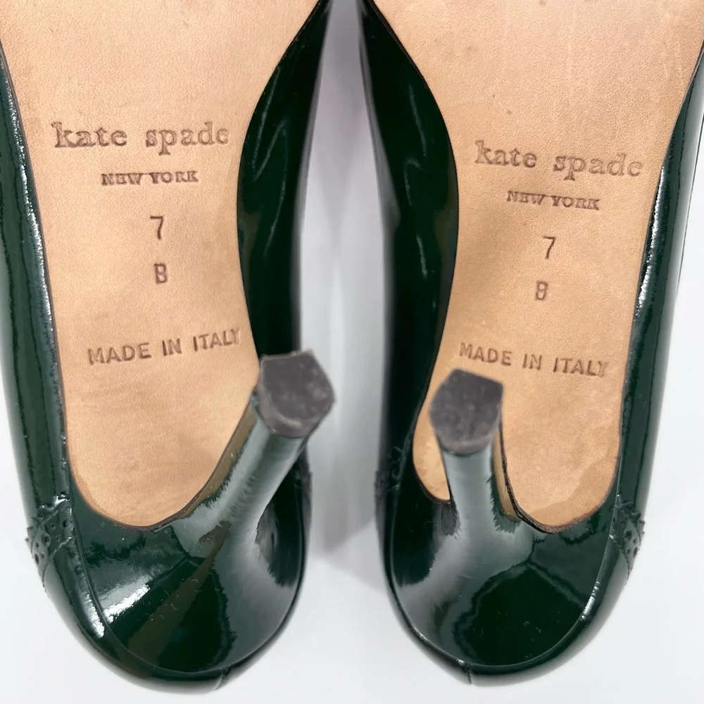 Kate Spade Rich Green Patent Leather Brogue Round Toe High Heels Size 7